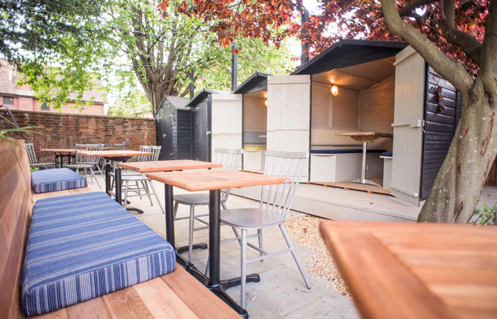Garden bar at The Bishop on the Bridge pub Winchester