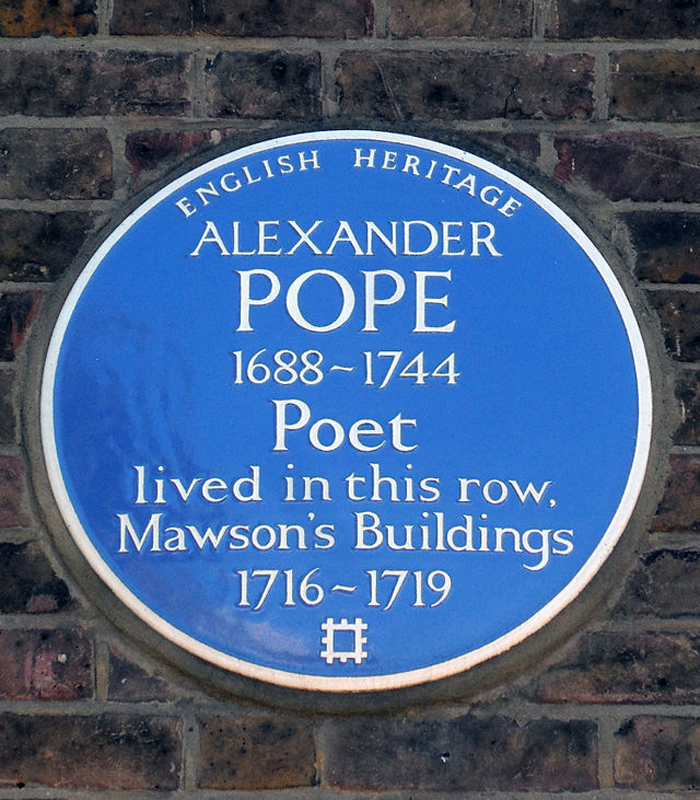 Alexander Pope poet plaque from when he lived in the Mawson's Buildings in Chiswick.