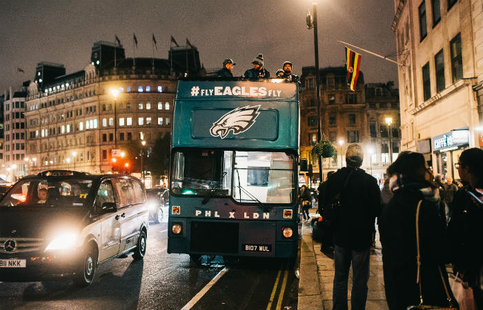 eagles nfl bus outside london fullers pub