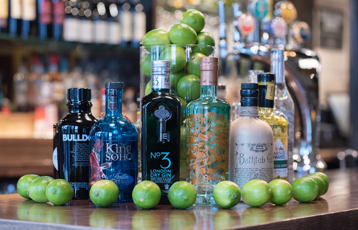 Gin range at The Limehouse Bar and Restaurant Canary Wharf 
