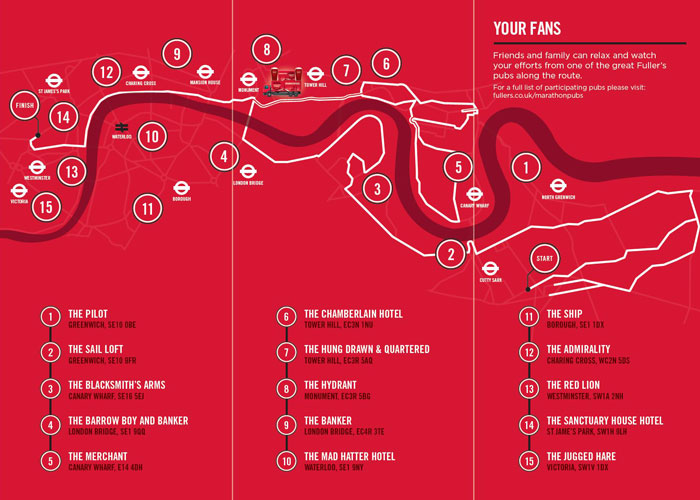 Map of the best pubs along the London Marathon route